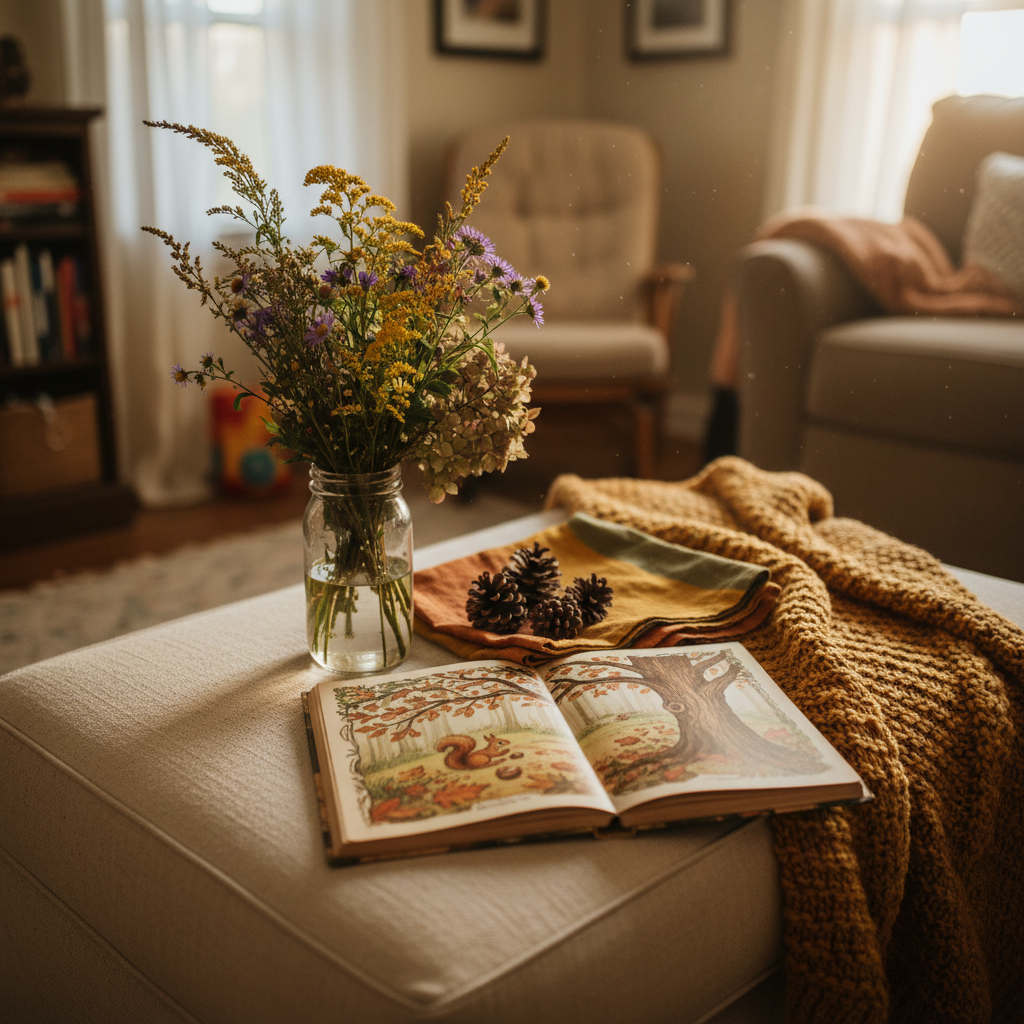 A low, upholstered living room ottoman used as a makeshift seasonal altar, holding a thrifted glass jar of wildflowers, a wrinkled linen napkin in muted autumn tones, three mismatched pinecones, and a dog-eared picture book open to an illustrated fall scene. A knitted throw is casually draped over the side, slightly rumpled. Soft golden hour light filters through thin curtains, gently illuminating dust motes in the air. Photographic realism from a slightly elevated angle, with warm, cozy tones and a relaxed, unstyled composition. The background shows an ordinary, slightly cluttered family room blurred in bokeh, creating an authentic, calm mood that honors small, doable rituals without any sense of staged perfection.