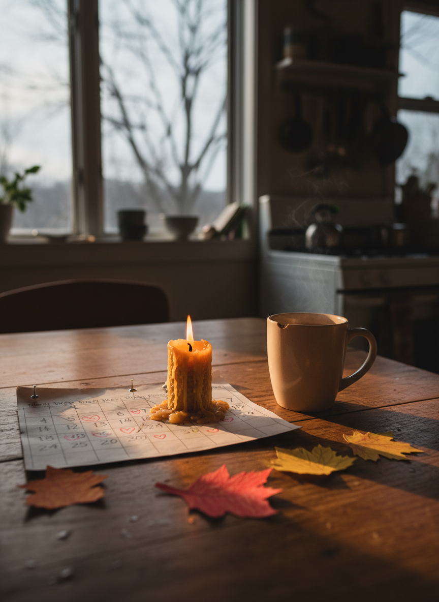 A weathered wooden kitchen table scattered with simple seasonal ritual items: a small beeswax candle halfway burned down, a slightly chipped ceramic mug with herbal tea, a hand-drawn paper calendar marked with tiny hearts around weekends, and a few crayon-drawn leaves cut from construction paper. Outside the nearby window, bare branches and a hint of gray winter sky are softly out of focus. Late afternoon natural light slants in, warm and gentle, casting long, quiet shadows across the table’s grain. Photographic realism at eye level, with a shallow depth of field that keeps the table in crisp focus while the background kitchen remains blurred, creating an intimate, calm, lived-in atmosphere with no sense of perfection, just real daily family rhythm.