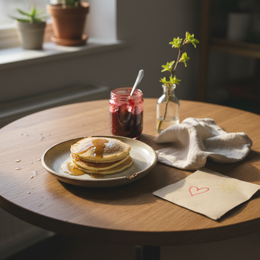 A small, slightly scuffed wooden dining table set for a simple seasonal breakfast ritual: a single stack of pancakes on a chipped stoneware plate, a jar of jam with a spoon resting on a crumpled cloth napkin, and a tiny vase holding one fresh branch with budding spring leaves. A handwritten note on plain paper reads only with a visible heart and a sun doodle, the rest turned away. Soft, diffused morning light comes from a nearby window, creating gentle highlights on the plate and subtle shadows on the table. Photographic realism from a three-quarter angle, using the rule of thirds to keep the plate off-center. The atmosphere is unhurried, tender, and real, emphasizing small, doable connection rather than styled perfection.