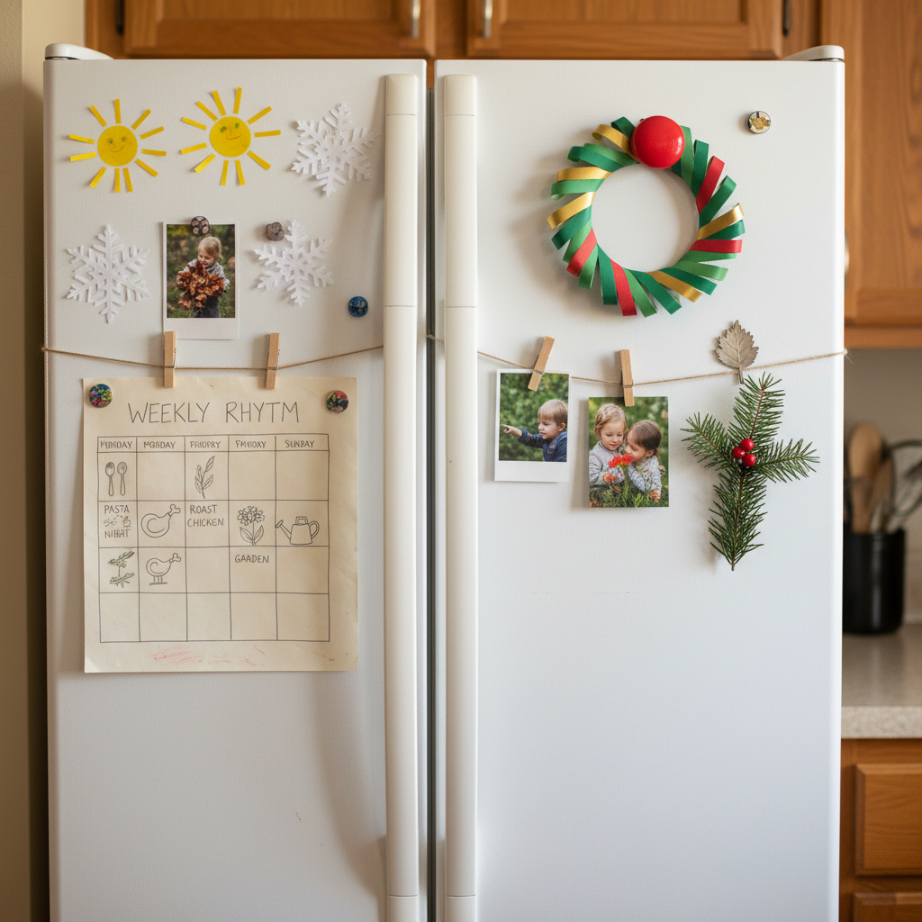 A plain white refrigerator door covered in a collage of seasonal ritual reminders: hand-drawn paper suns and snowflakes, a smudged weekly rhythm chart with simple icons for meal nights, tiny clothespins holding photos of nature walks, and a slightly crooked construction-paper wreath. A single sprig of greenery is magnet-pinned near the handle. Overhead kitchen lighting mixes with soft morning daylight from an unseen window, giving a gentle, even illumination with faint reflections on the fridge’s surface. Photographic realism at an eye-level, straight-on composition, with shallow depth of field that keeps the fridge in focus while the surrounding kitchen fades softly. The mood is warm, practical, and encouraging, showing realistic, low-pressure seasonal organization for busy parents.